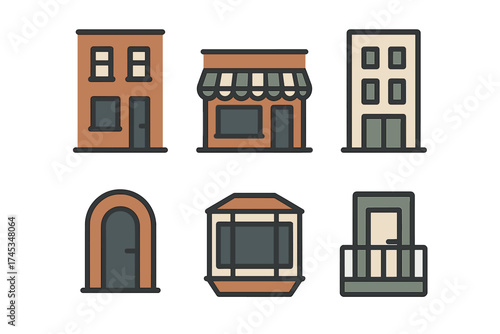 Flat design icons collection of urban architectural elements including buildings, storefronts, doors, and balconies
