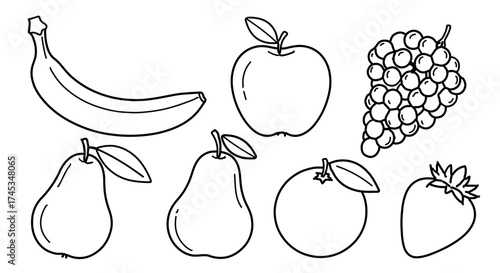 Illustration of various fruits, including banana, apple, grape, pear, orange, strawberry