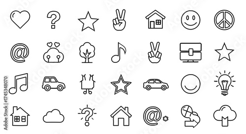 Illustration of various icons, including heart, question mark, star, peace sign, house, smiley
