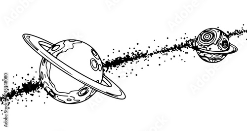Two planets with rings in space in line art style, vector illustration
