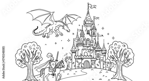 Hand drawn knight on horse facing dragon near castle, perfect for coloring books