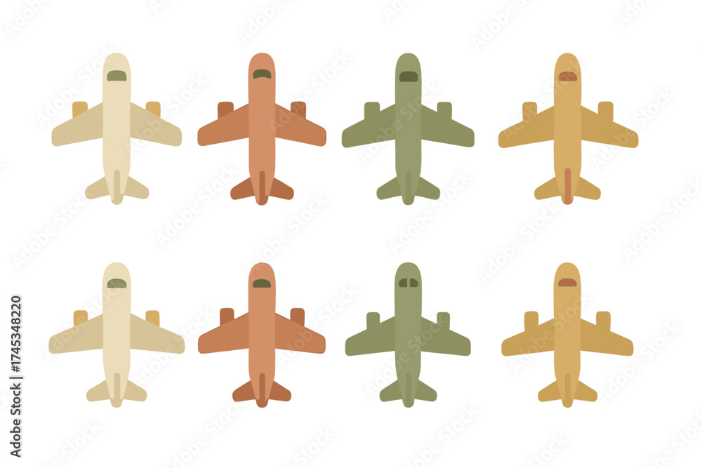 Obraz premium Eight stylized passenger airplanes in neutral and muted earthy tones isolated on a white background