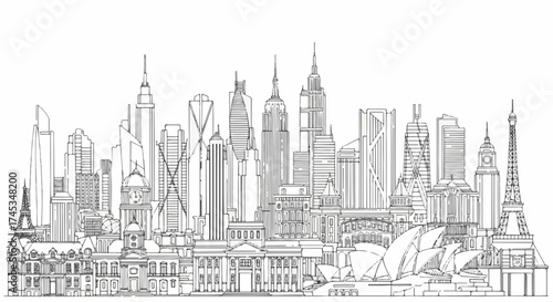 Hand drawn sketch of world famous city skylines, including eiffel tower and empire state