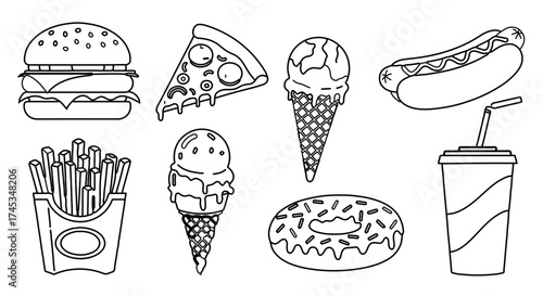 Collection of fast food items in black and white, including burger, pizza, and fries