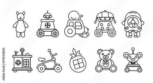 Collection of toy icons in black and white, including teddy bear, car, and tractor