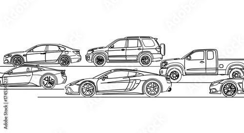 Line art illustration of various cars parked in a row, showcasing different models