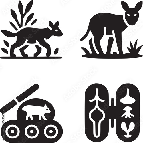 A collage of black and white animal and abstract icons on a white background in a square format