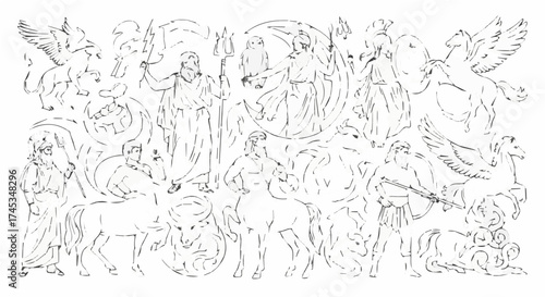 Ancient greek mythology scene with zeus and other gods hand drawn illustration