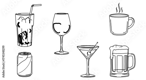 Collection of different drinks hand drawn illustration of beverage