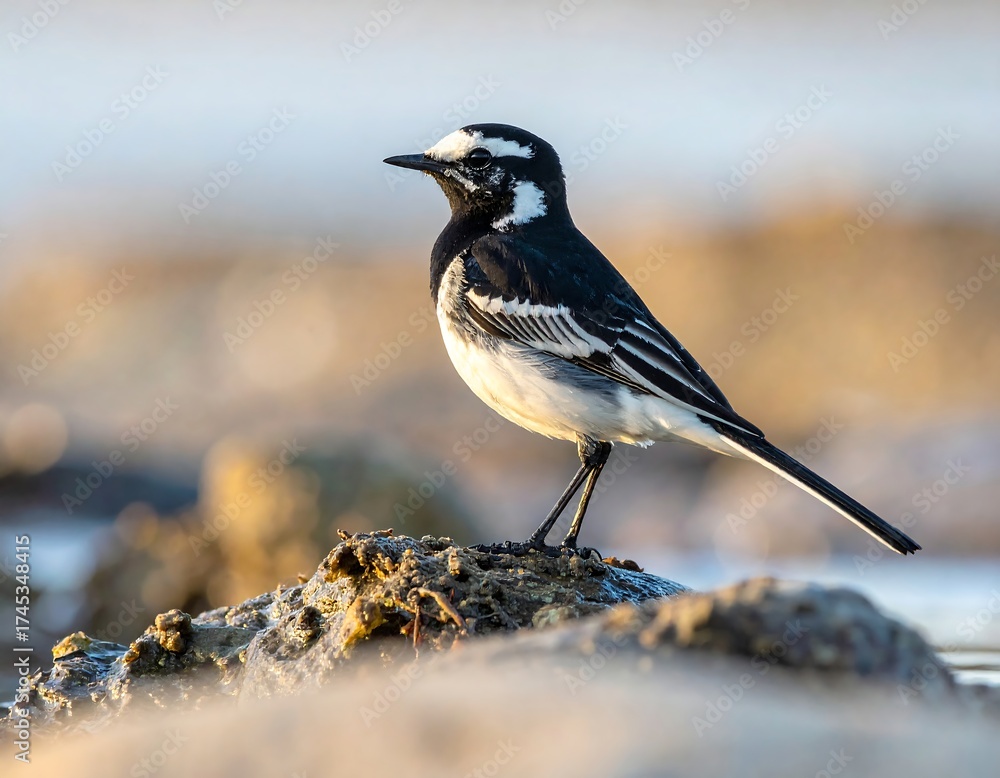 Obraz premium White-and-black bird perched on a rock near water
