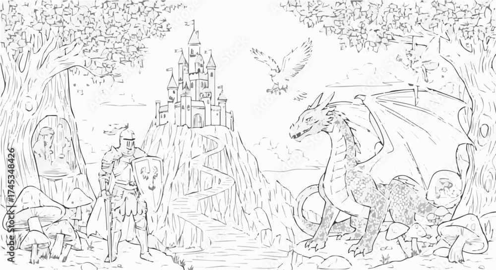 Fototapeta premium Detailed line art of a knight, dragon, castle, and eagle in a fantasy landscape