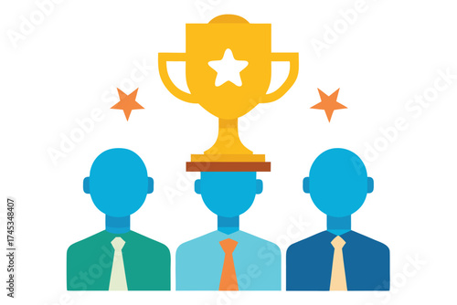 Three faceless employees receiving a golden trophy award for stellar performance