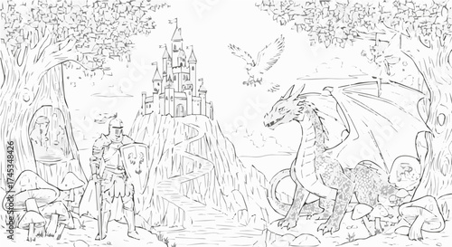 Detailed line art of a knight, dragon, castle, and eagle in a fantasy landscape