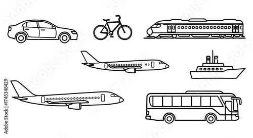 Collection of various modes of transportation including car, bicycle, train, plane, bus and ship