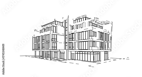 Architectural sketch of a modern building with large windows and balconies