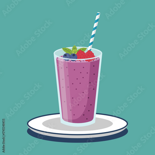flat color of refreshing mixed berry smoothie in a glass with a straw topped with fresh blueberries raspberries and mint
