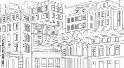 Architectural drawing of a cluster of buildings in a city with many windows