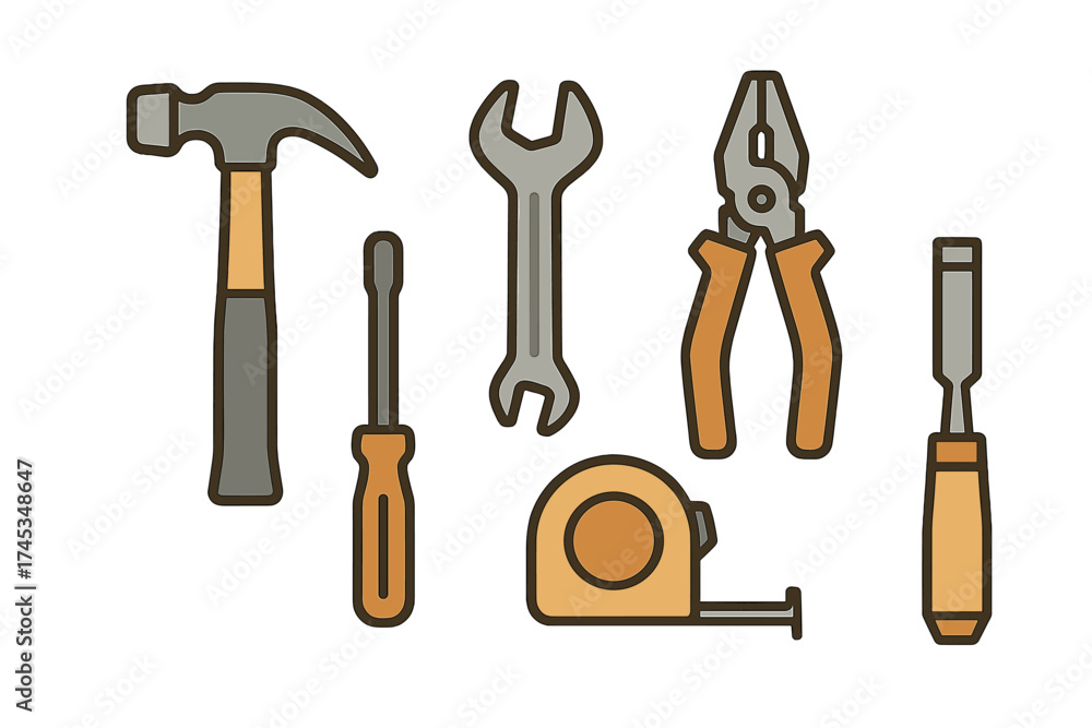 Fototapeta premium Essential construction and repair hand tools set including hammer, wrench, screwdriver, pliers, and tape measure