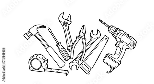 Collection of various hand tools in black and white, perfect for construction themes