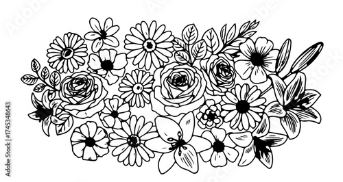 Elegant floral arrangement featuring roses, daisies, and lilies in a handdrawn style