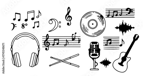 Collection of music elements, including notes, instruments, and audio equipment in line art