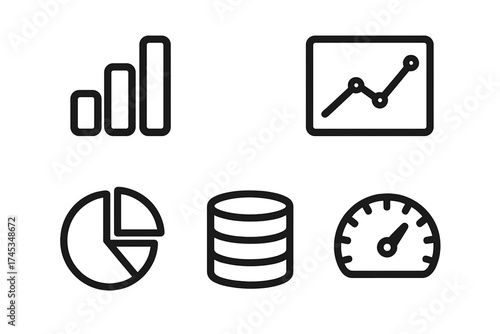 Outline icons for business analytics, financial reporting, data storage, and performance measurement