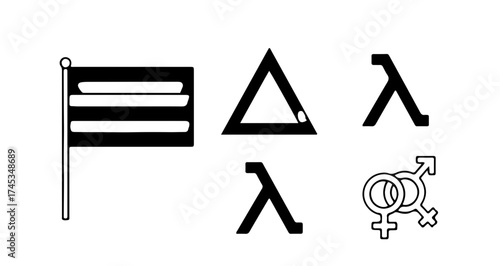 Collection of lgbt symbols and flag in black and white