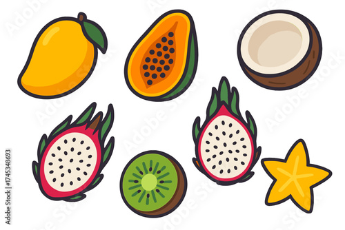 Vibrant collection of exotic tropical fruits including mango papaya kiwi and star fruit