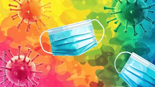 Colorful infographic covid graphic showing the importance of masks and social distancing.