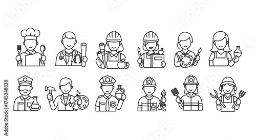 Line art illustration of various professions, showcasing diversity and career options