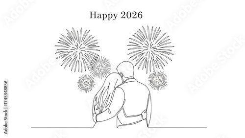 Continuous Line Drawing of Couple Embracing Under Fireworks with 2026 Text – Romantic New Year Celebration