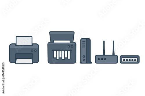 Office and network technology equipment including printer, shredder, modem, and router symbols