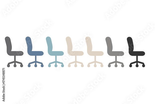 Seven modern ergonomic office chairs lined up in a row featuring a muted color palette