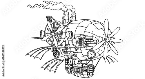 Steampunk airship a vintage flying machine with propellers and steam engine