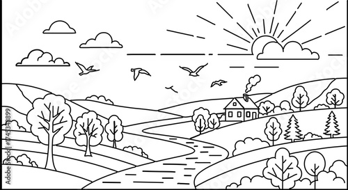 Black and white line art illustration of a peaceful rural landscape, sunrise