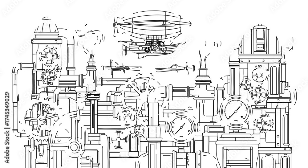 Obraz premium Steampunk city with airship, hand drawn illustration fantasy landscape