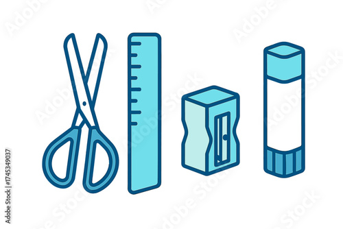 Essential school and office supplies set featuring scissors, ruler, sharpener, and glue stick