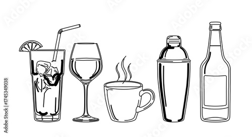 Illustration of various drinks, including cocktail, wine, coffee, shaker, bottle
