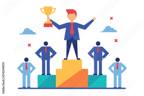 Illustration of winning businessman holding trophy standing on podium with supporters