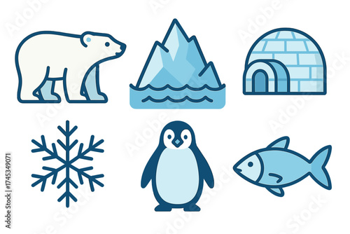 Flat design icons representing Arctic and Antarctic animals and cold climate elements