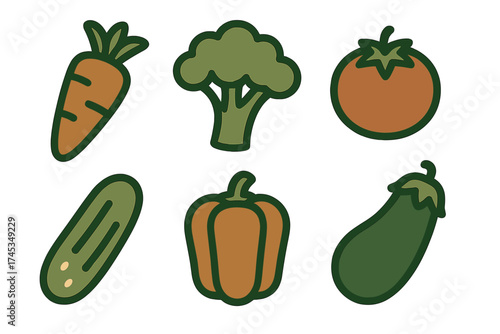 Stylized set of six common vegetables: carrot, broccoli, tomato, cucumber, pepper, and eggplant