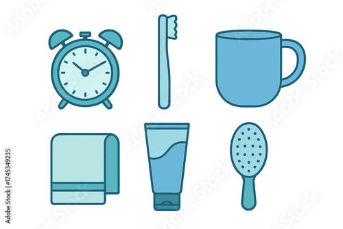 Essential items for daily morning routine including alarm clock and toothbrush