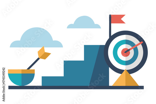 Vector illustration of the path to success with challenges and the goal