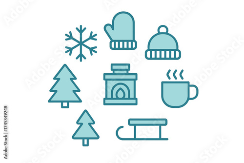 Cozy winter and Christmas elements including snow, warm clothing, hot beverages, and outdoor activities