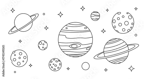Hand drawn solar system with planets and stars space objects set