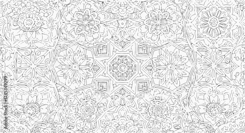 Intricate black and white pattern, featuring detailed geometric and floral designs