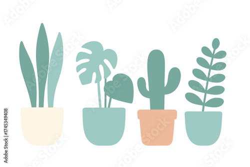 Group of four potted indoor plants featuring tropical foliage, cactus, and succulents in pastel colors