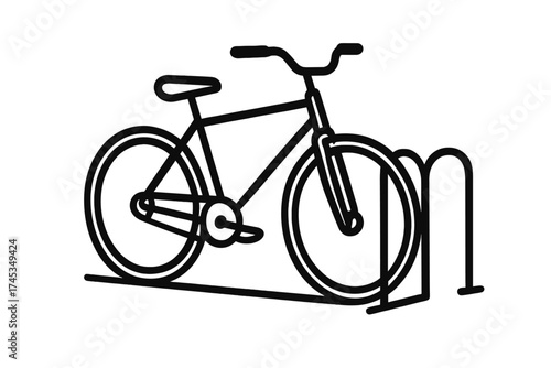 Minimalist black and white outline of a bicycle parked in a public rack