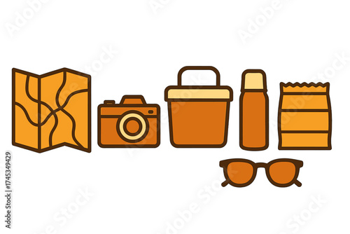 Essential items for travel and picnic including map camera cooler and sunglasses