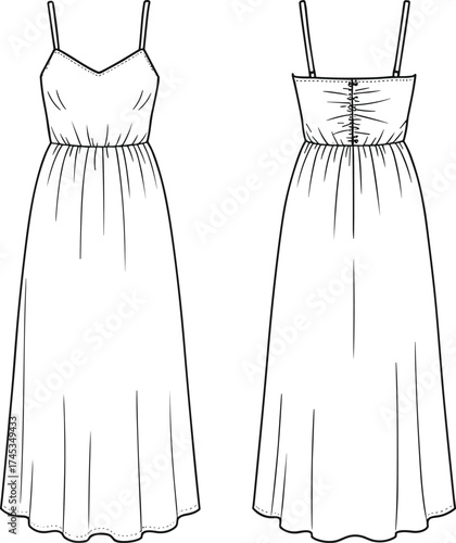 Sleeveless spaghetti strap dress technical flat sketch, front and back view, sweetheart neckline, fitted bodice, flared skirt, cad drawing flat vector illustration